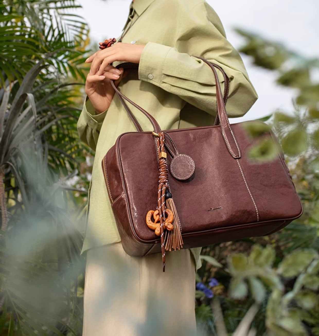 QARELA Genuine Vegetable-Tanned Leather Bowling Bag for Women, Small Square Handbag – Top Layer Cowhide Shoulder & Crossbody Purse