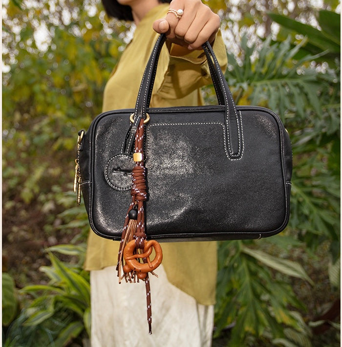 QARELA Genuine Vegetable-Tanned Leather Bowling Bag for Women, Small Square Handbag – Top Layer Cowhide Shoulder & Crossbody Purse