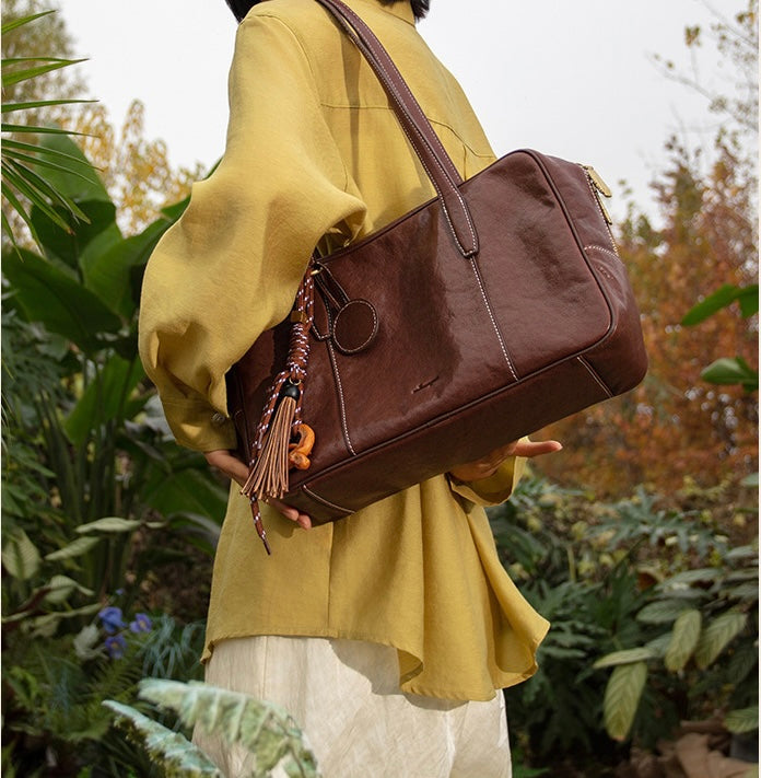 QARELA Genuine Vegetable-Tanned Leather Bowling Bag for Women, Small Square Handbag – Top Layer Cowhide Shoulder & Crossbody Purse