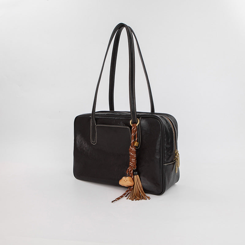 QARELA Genuine Vegetable-Tanned Leather Bowling Bag for Women, Small Square Handbag – Top Layer Cowhide Shoulder & Crossbody Purse